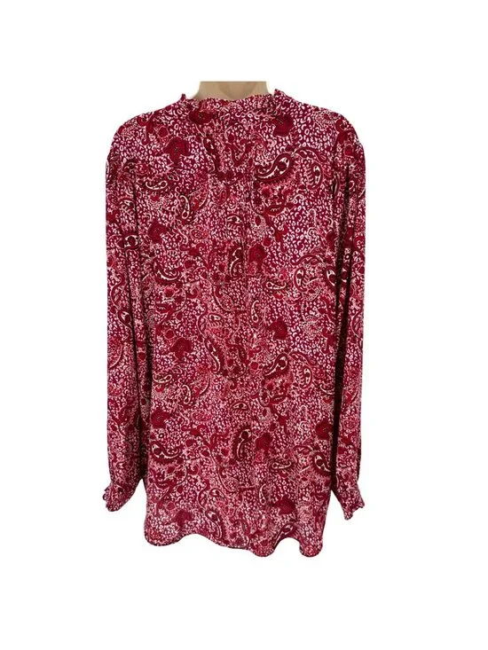 NWOT NYDJ Womens Red Paisley Pintucked Pleated 1/4 Button Front Blouse Size 1X - Picture 3 of 14